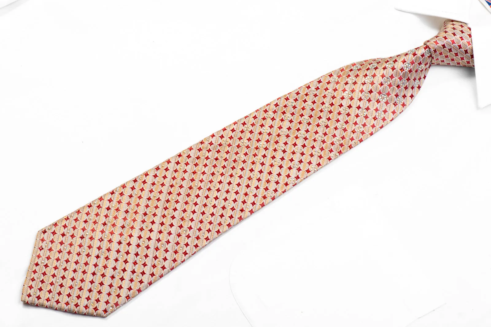 Rhinestone Silk Tie Burgundy Beige Geometric Circles