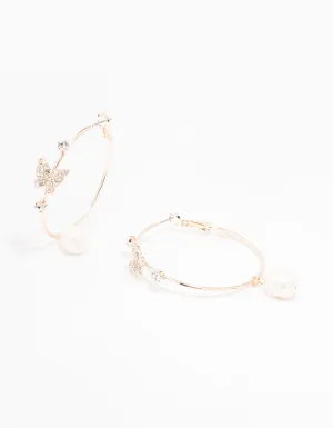 Rose Gold Butterfly & Pearl Medium Hoop Earrings