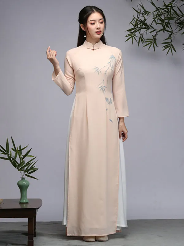 Tranditional Vietnam Dress Purple Long Cheongsam Ao Dai