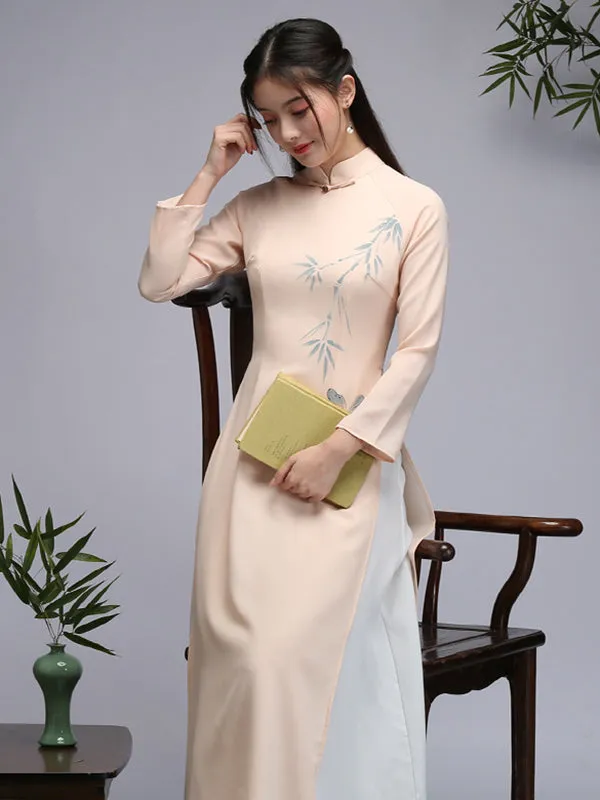 Tranditional Vietnam Dress Purple Long Cheongsam Ao Dai