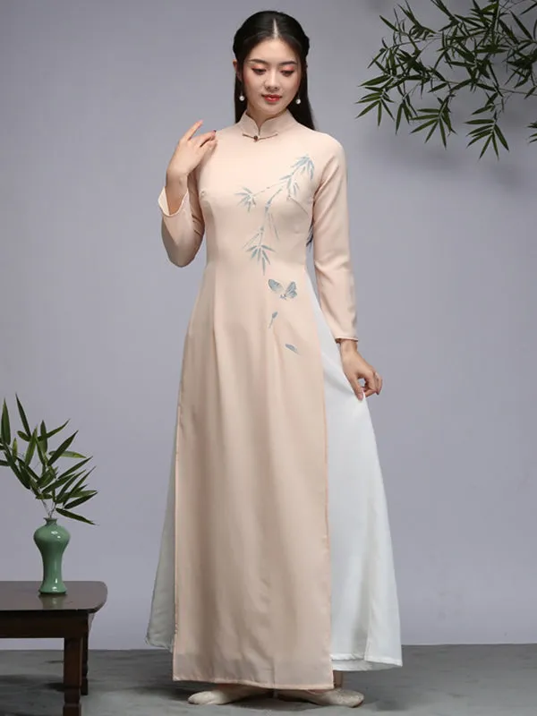 Tranditional Vietnam Dress Purple Long Cheongsam Ao Dai