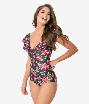 Unique Vintage Black & Pink Floral Ruffle Newport One Piece Swimsuit