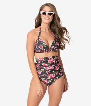 Unique Vintage Black & Red Floral Print Monroe Halter Swim Top