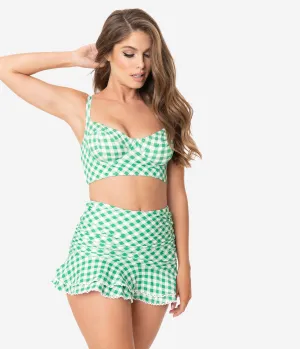 Unique Vintage Green & White Gingham Skirted High Waist Alice Swim Bottoms