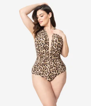 Unique Vintage Plus Size Leopard Print Halter Shirred Derek One Piece Swimsuit