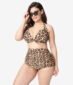 Unique Vintage Plus Size Leopard Print Monroe High Waist Swim Bottom