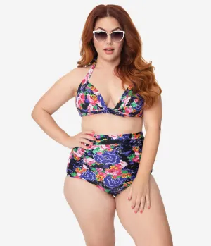 Unique Vintage Plus Size Pink & Purple Floral Print Monroe Halter Swim Top