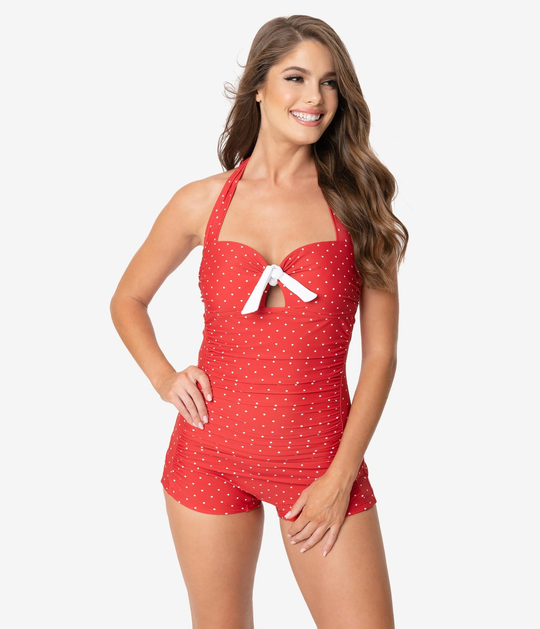 Unique Vintage Red & White Pin Dot Boy Short Pismo Romper Swimsuit