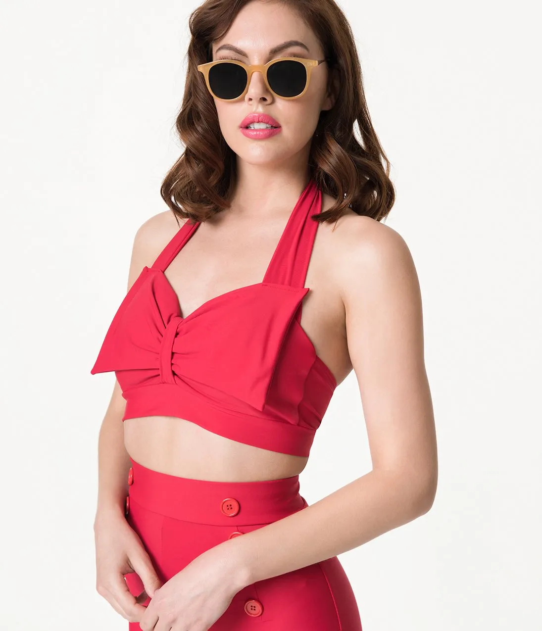 Vintage Style Red Bow Halter Swim Top