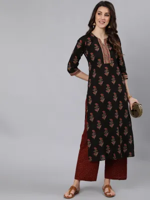 Women Black Ethnic Printed Straight Kurta With One Side Pocket